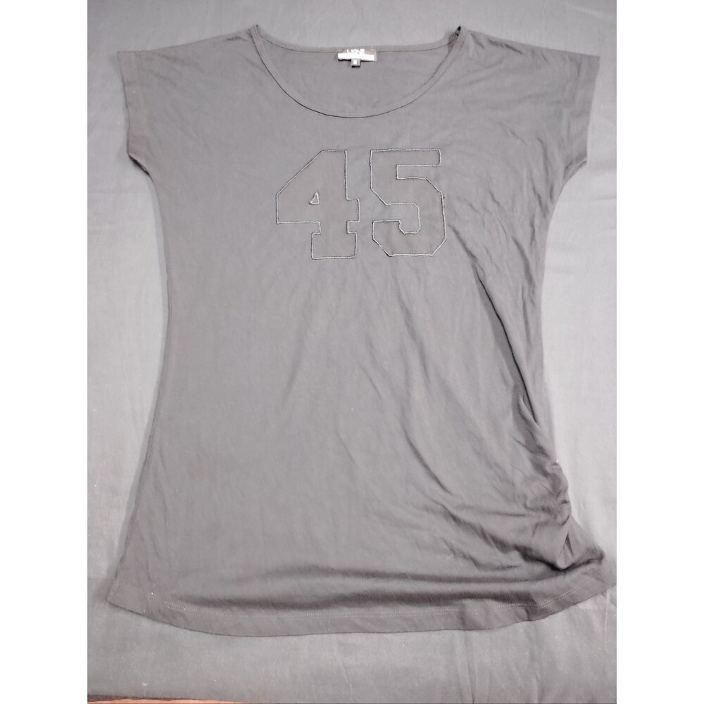Sexy Women's Black Jersey Tee with see through '45' Graphic and ruched side